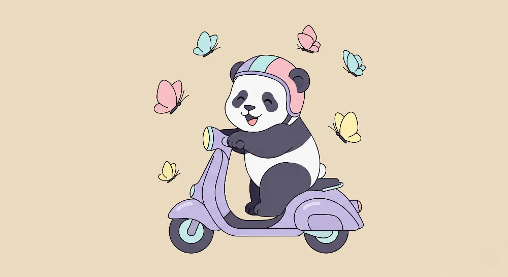 Tapety dla dzieci | Wesoły panda na skuterze z motylami
