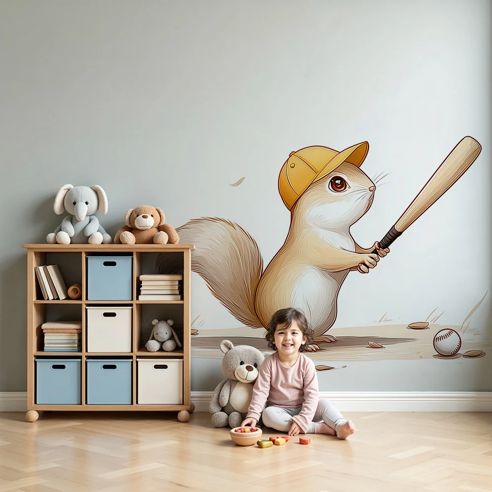 Tapety dla dzieci | Wiewiórka grająca w baseball z kijem i piłkami