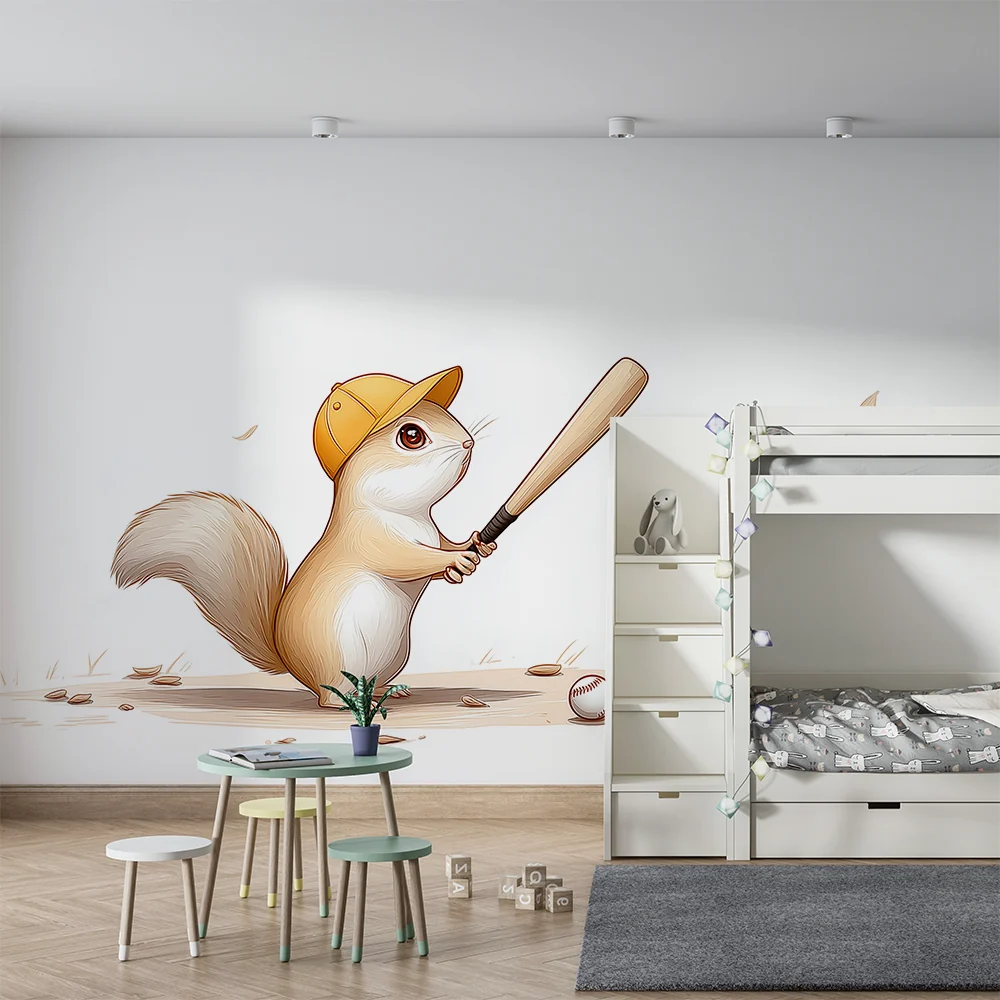 Tapety dla dzieci | Wiewiórka grająca w baseball z kijem i piłkami