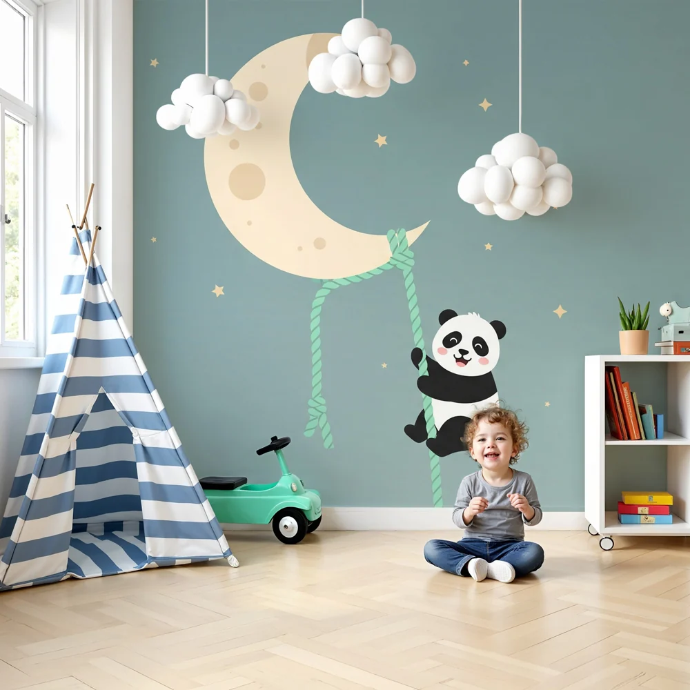 Tapety dla dzieci | Wiszący marzycielski panda przy księżycu