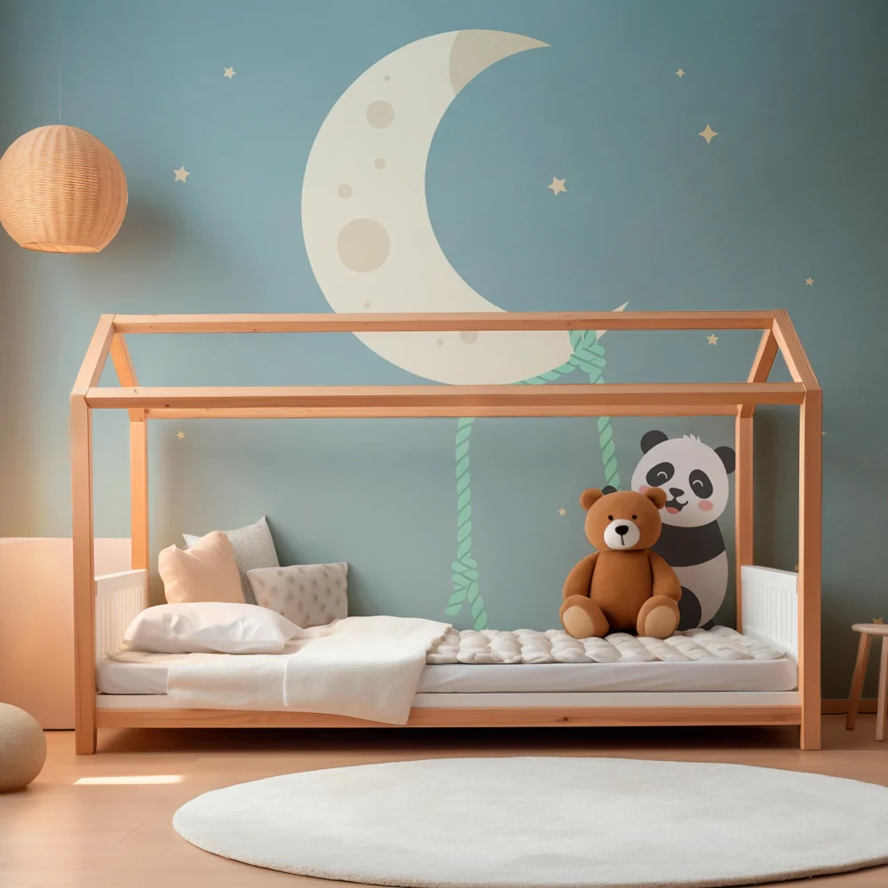 Tapety dla dzieci | Wiszący marzycielski panda przy księżycu