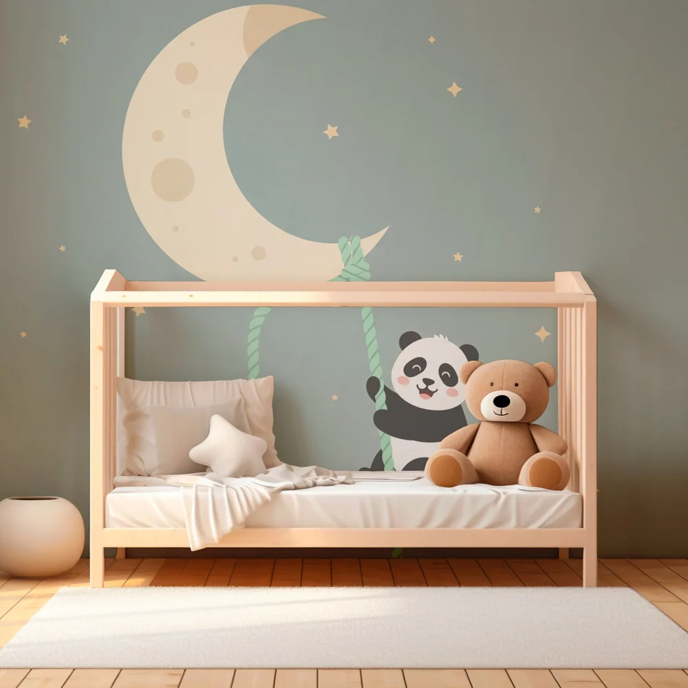 Tapety dla dzieci | Wiszący marzycielski panda przy księżycu