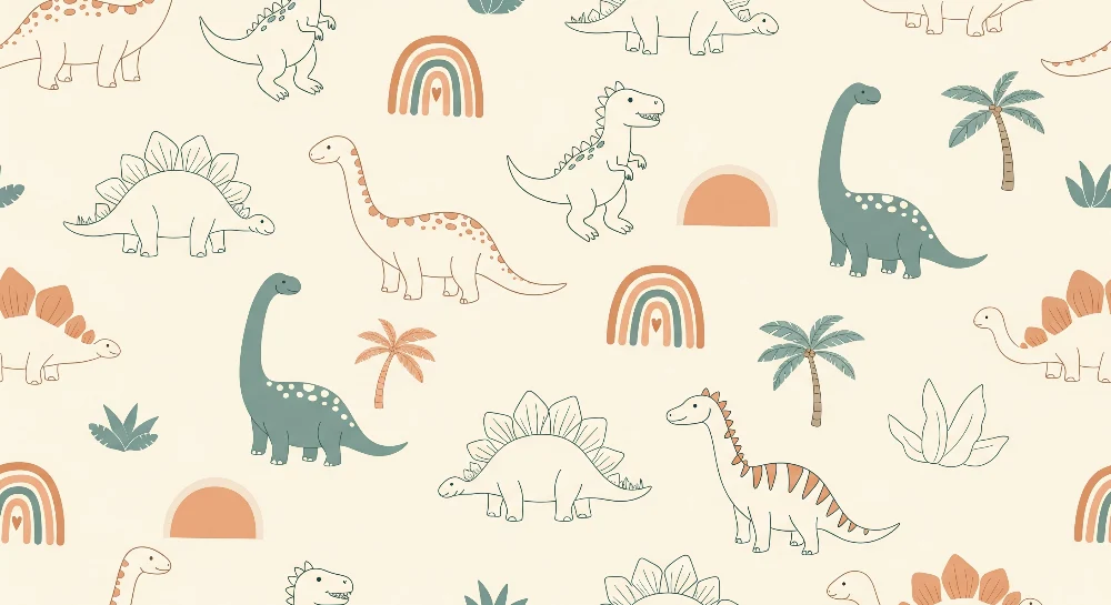 Tapety dla dzieci | Zabawne dinozaury i tęcze na miękkim tle