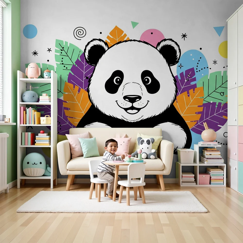 Tapety dla dzieci | Zabawny panda pośród kolorowych liści