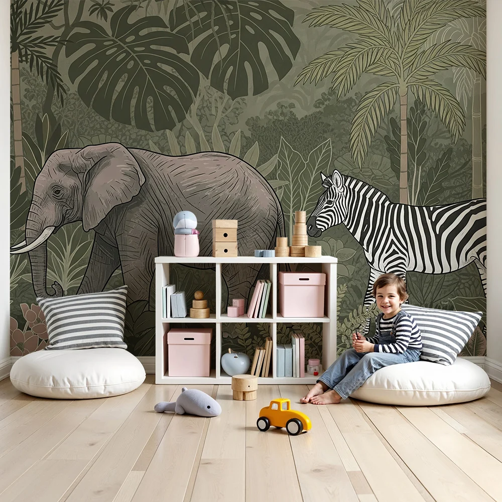 Tapety dla dzieci | Słoń i zebra w bujnej dżungli