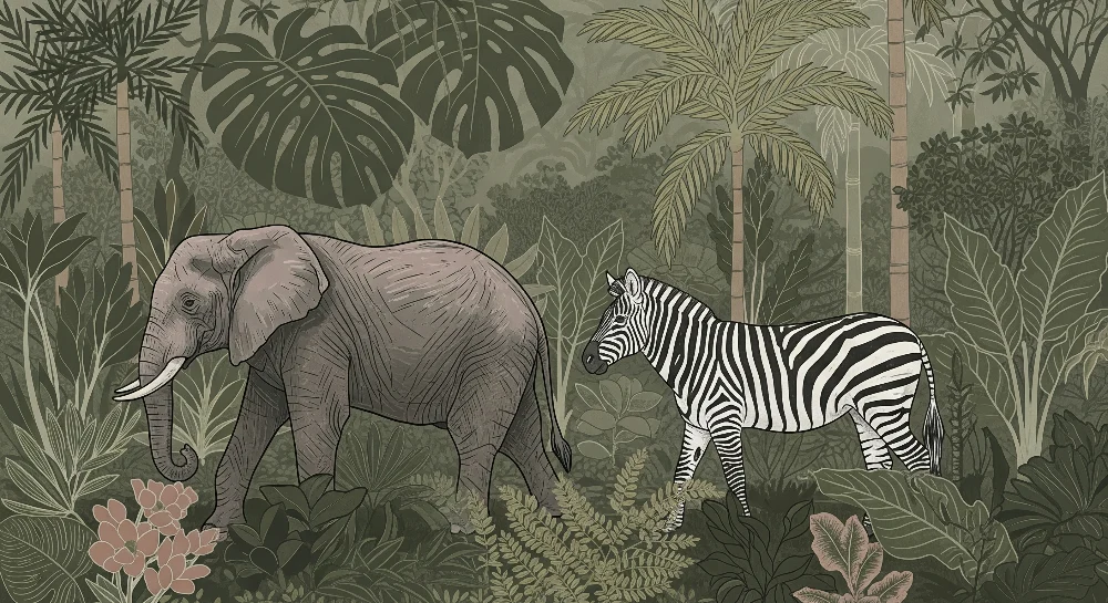 Tapety dla dzieci | Słoń i zebra w bujnej dżungli