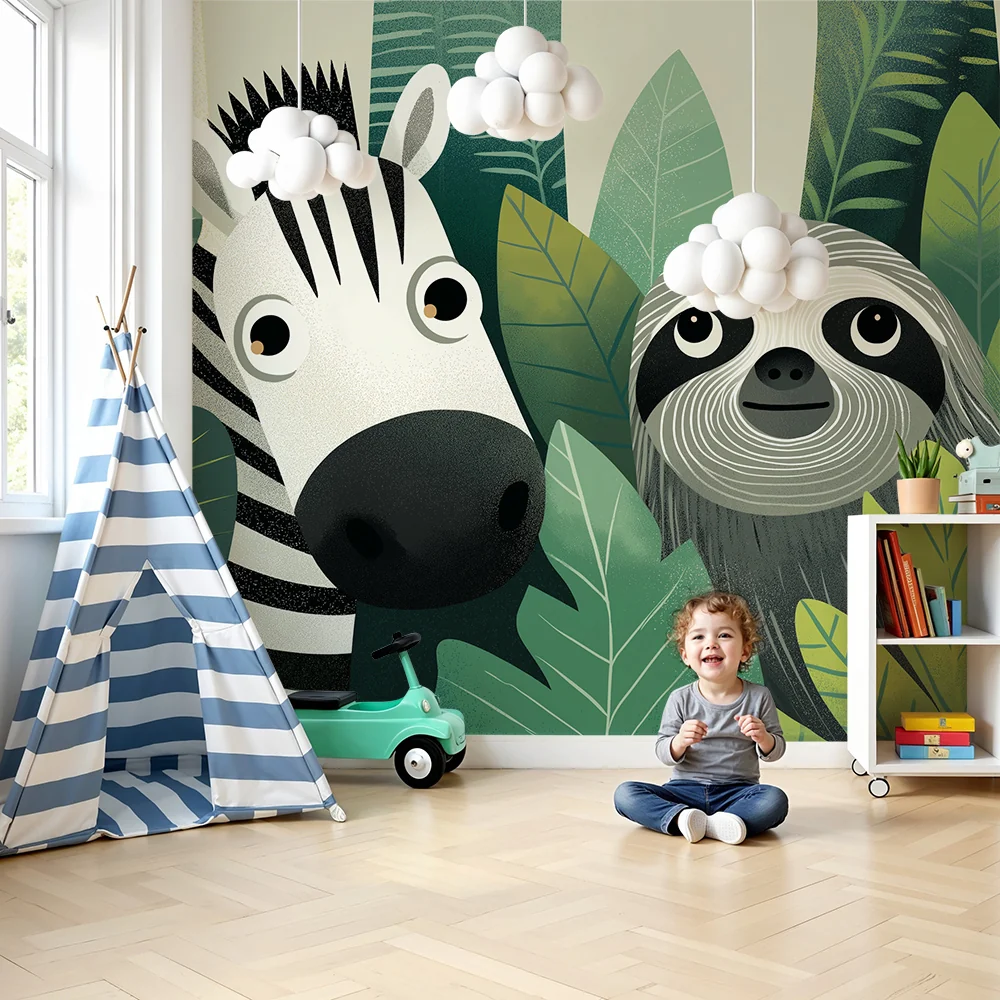 Tapety dla dzieci | Zebra i leniwiec w bujnej dżungli