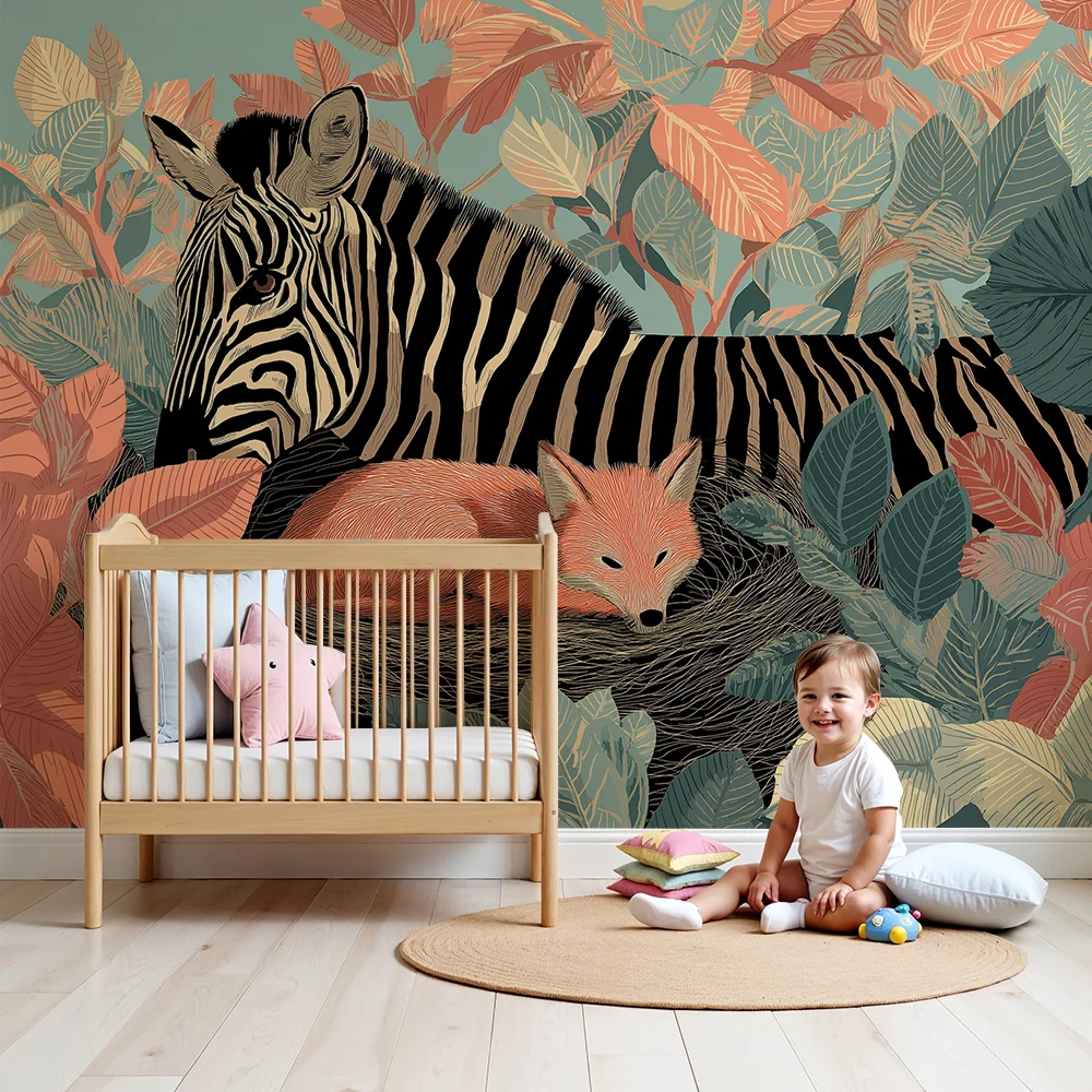 Tapety dla dzieci | Zebra i lis pośrodku kolorowej dżungli