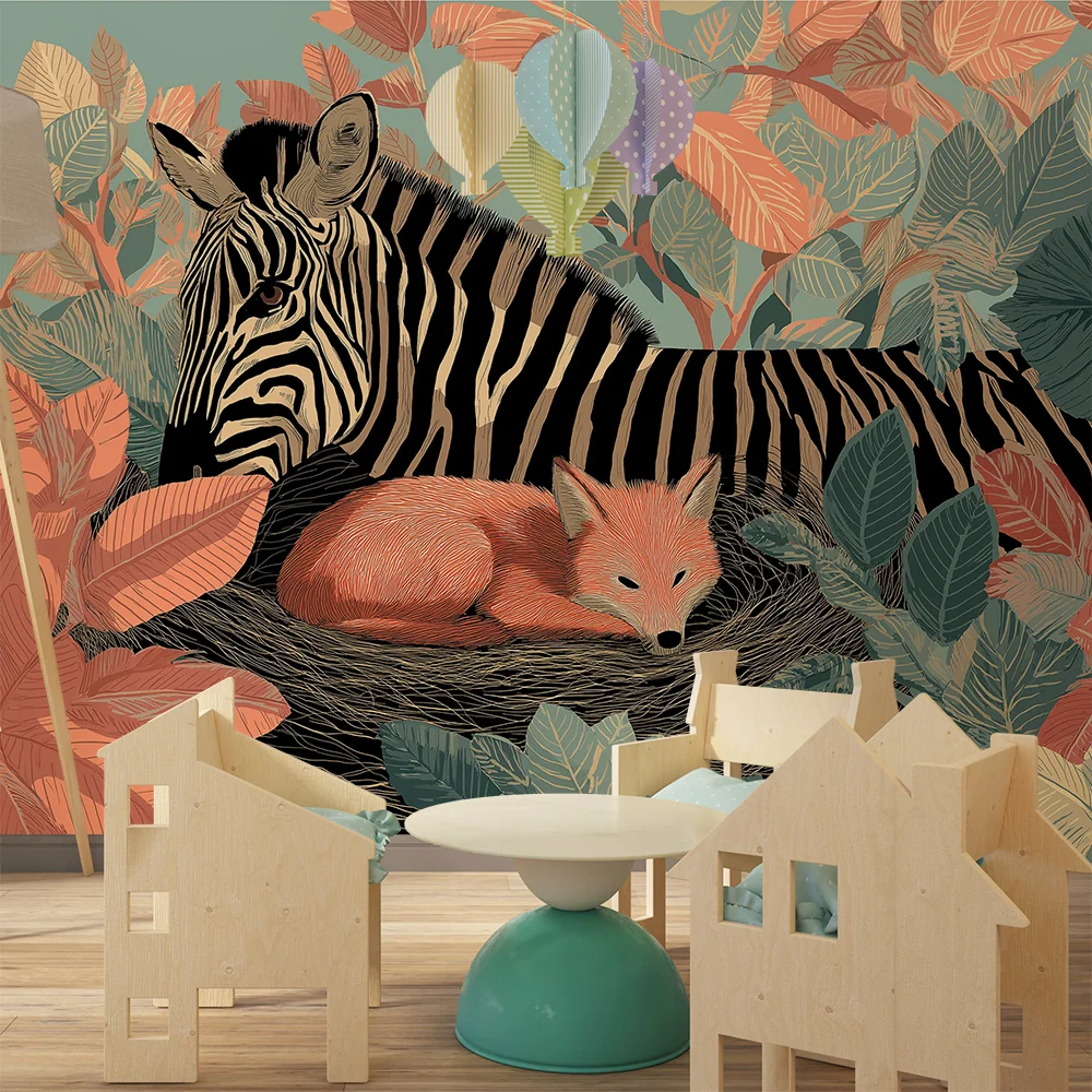 Tapety dla dzieci | Zebra i lis pośrodku kolorowej dżungli