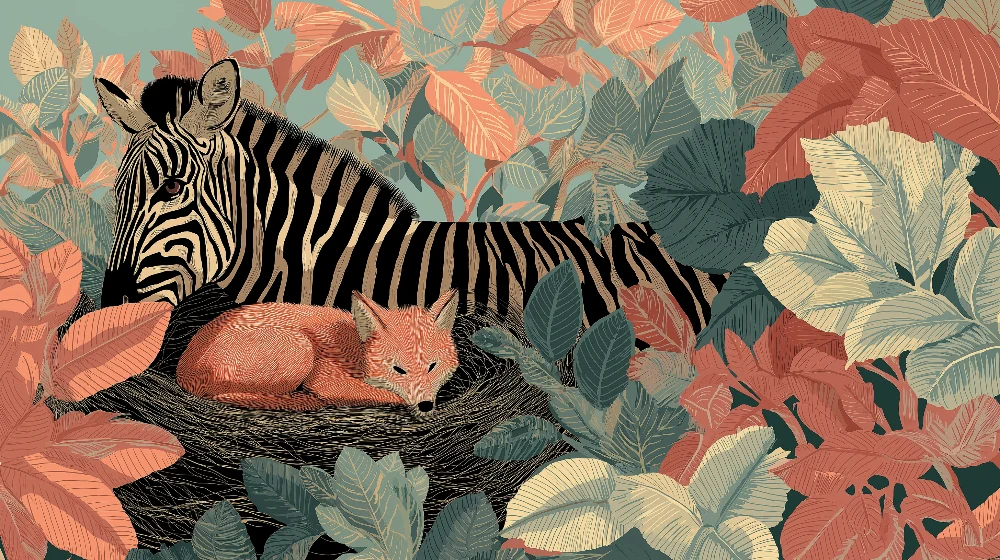 Tapety dla dzieci | Zebra i lis pośrodku kolorowej dżungli