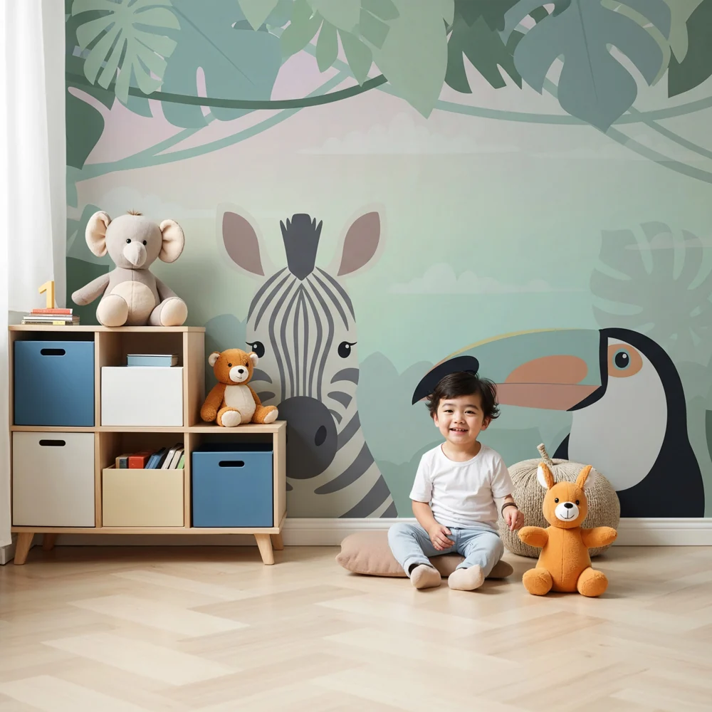 Tapety dla dzieci | Zebra i tukan w sercu dżungli