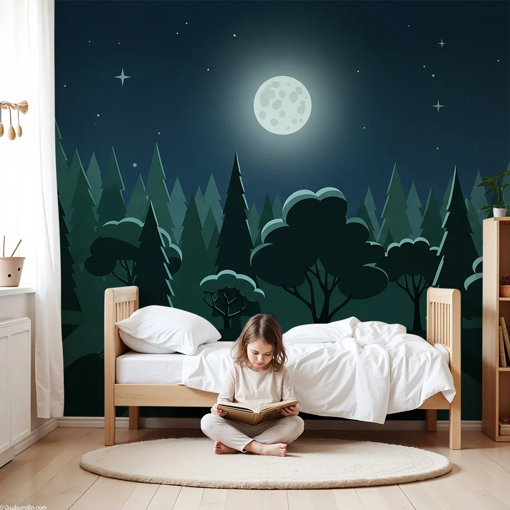 Tapety dla dzieci | Zielony nocny las pod jasnym księżycem