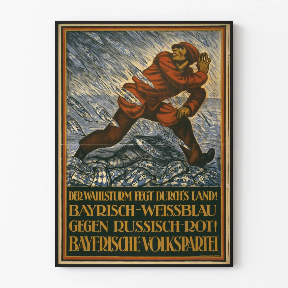 Vintage niemiecki plakat dekoracyjny na ścianę w czerwieni i niebieskim