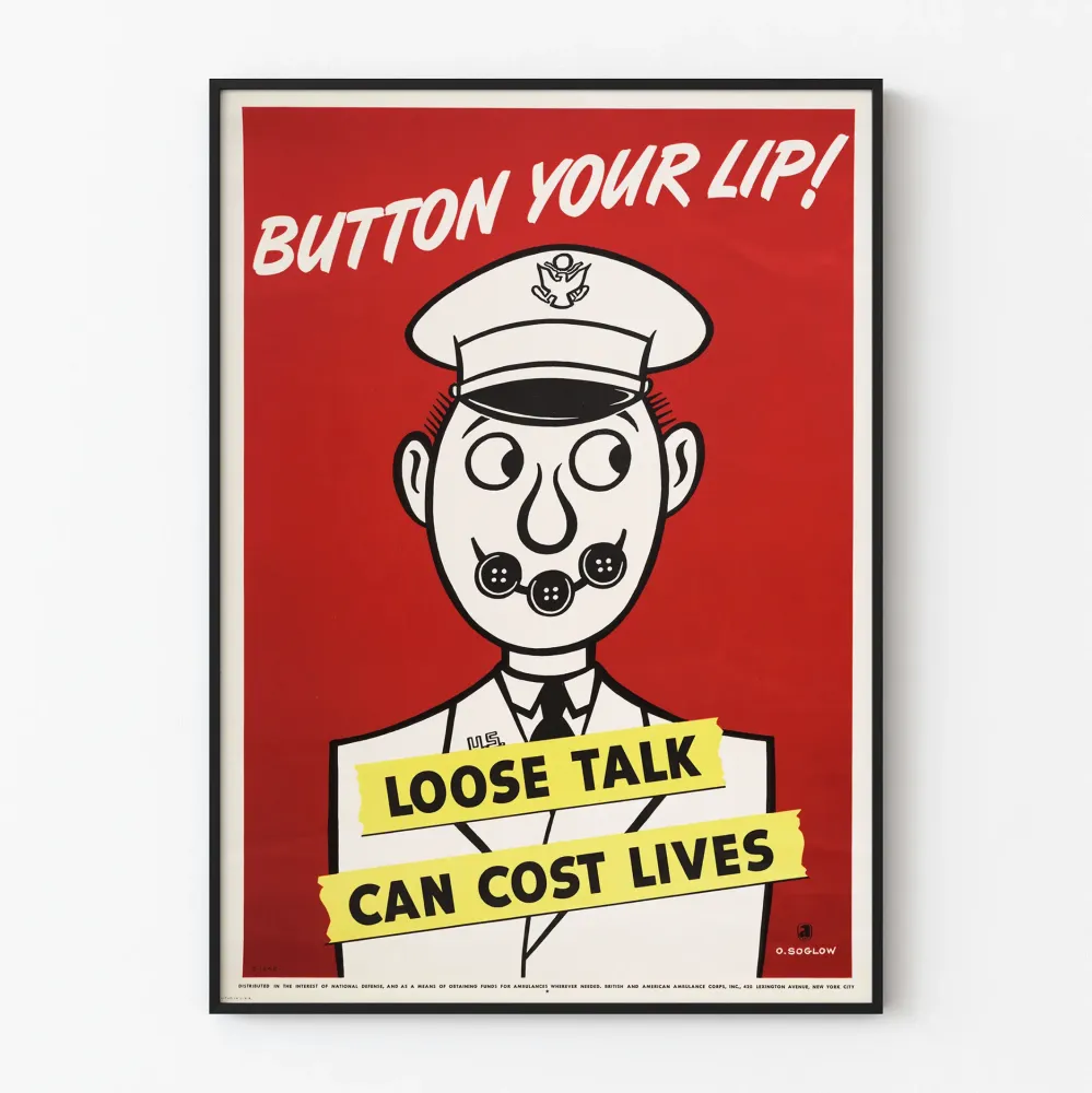 Vintage plakat ścienny Button Your Lip z przesłaniem ostrożności