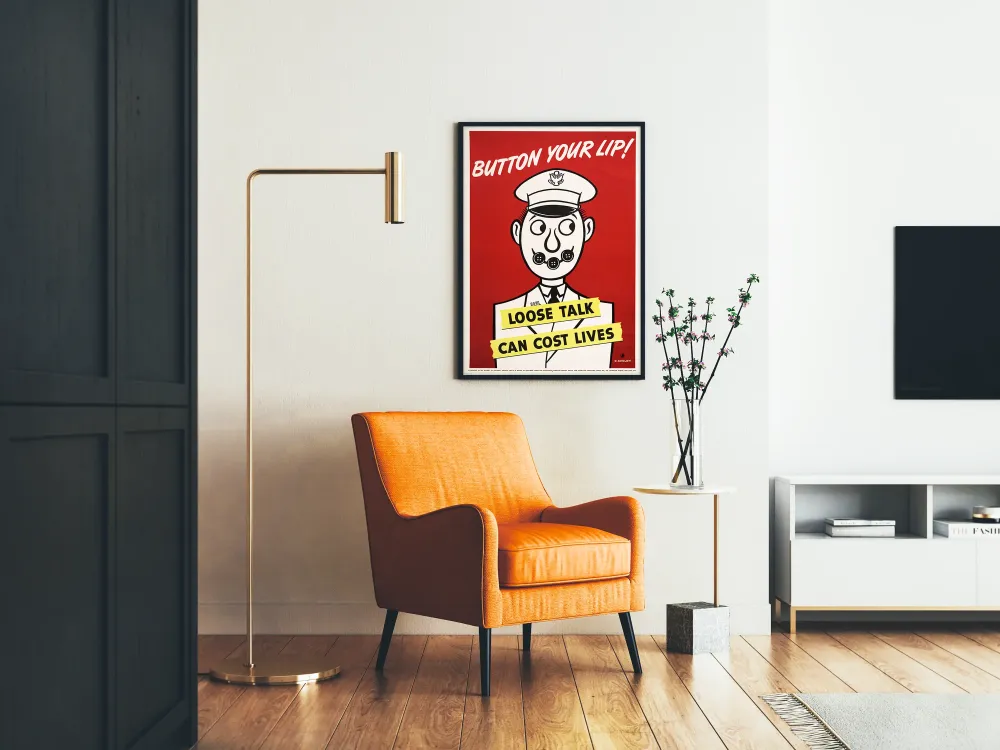 Vintage plakat ścienny Button Your Lip z przesłaniem ostrożności
