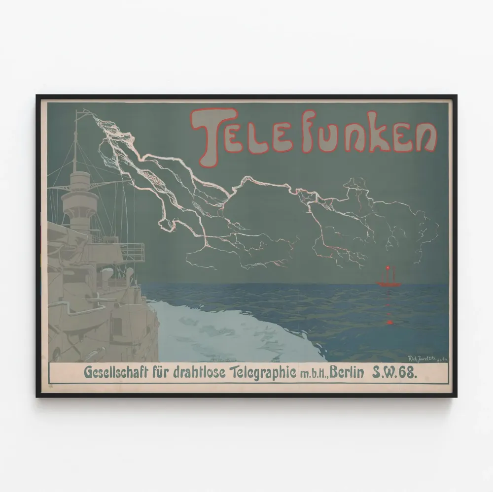 Vintage plakat ścienny Telefunken o mistycznym morskim designie
