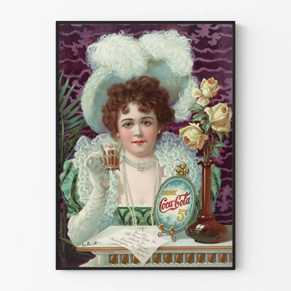 Vintage plakat Coca-Cola 5 centów z eleganckim portretem kobiety