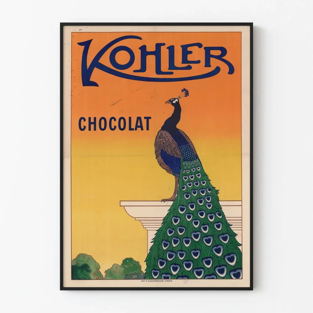 Vintage plakat czekoladowy Kohler z kolorowym pawiem