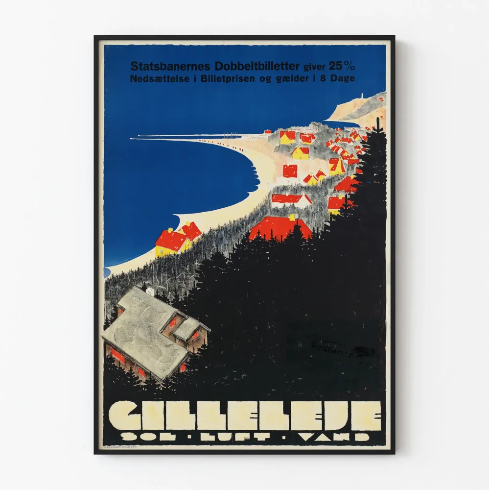Vintage plakat dekoracyjny z Gilleleje, widok na wybrzeże w jaskrawych kolorach