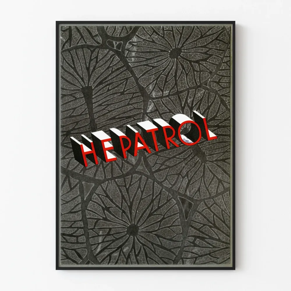 Vintage plakat dekoracyjny Hepatrol w czerni i czerwieni