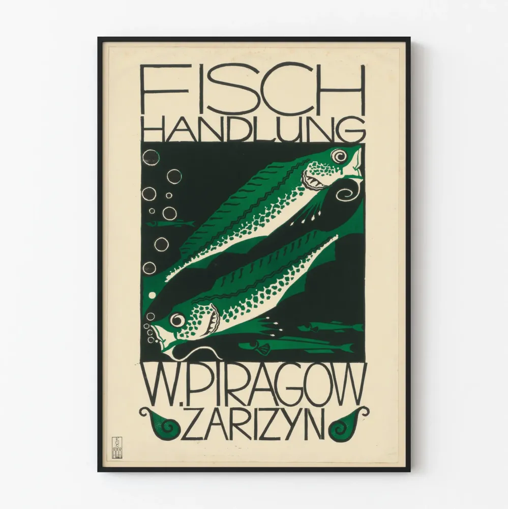 Vintage plakat dekoracyjny z zielonymi rybami na czarnym tle