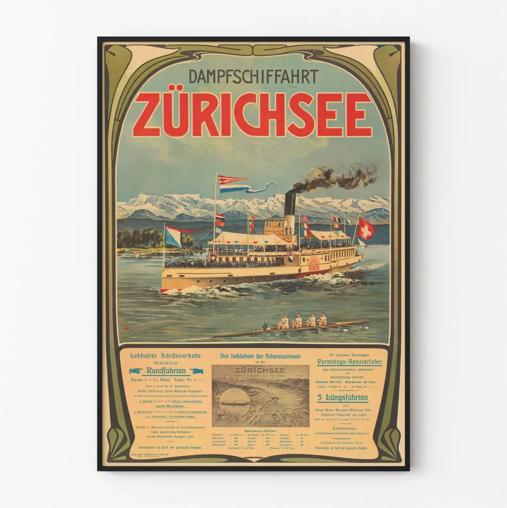 Vintage plakat żeglugi parowej po Jeziorze Zuryskim - Plakat statek parowy