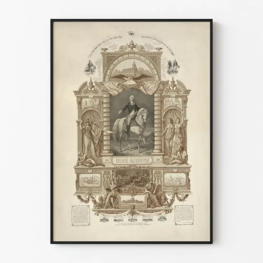 Vintage plakat z George'em Washingtonem na koniu do historycznej dekoracji ściennej