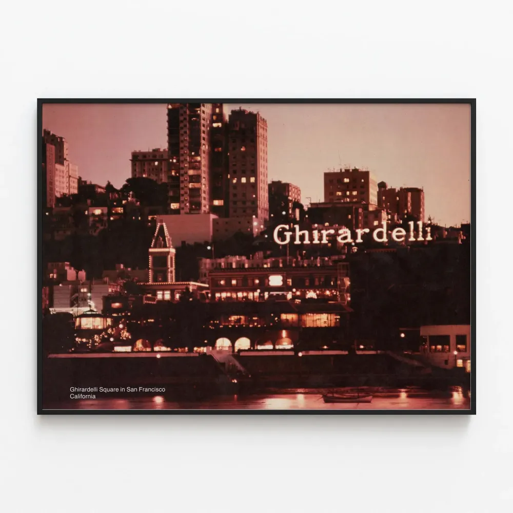 Vintage plakat Ghirardelli Square w San Francisco o zmierzchu