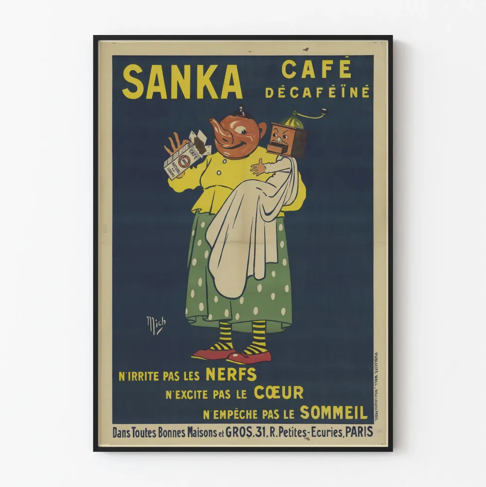 Vintage plakat kawowy bezkofeinowy Sanka, dekoracja ścienna w stylu retro