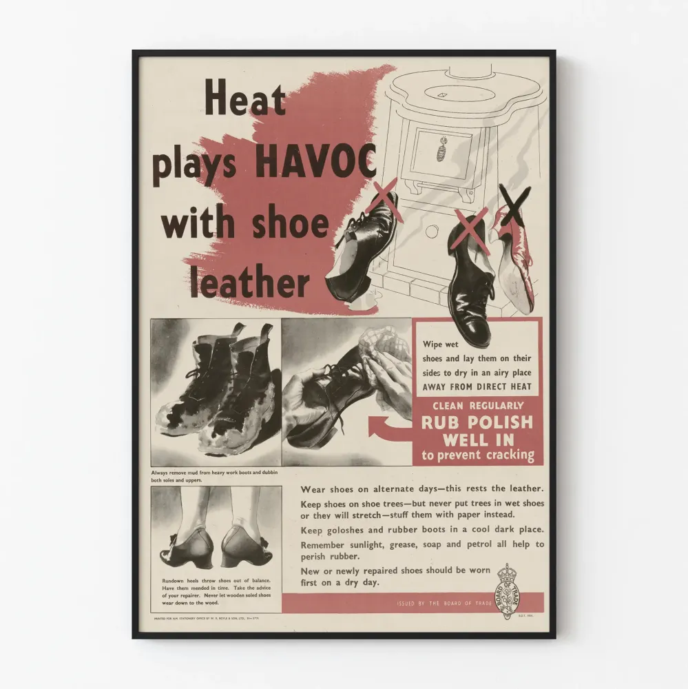 Vintage plakat konserwacji skóry butów przeciwko ciepłu