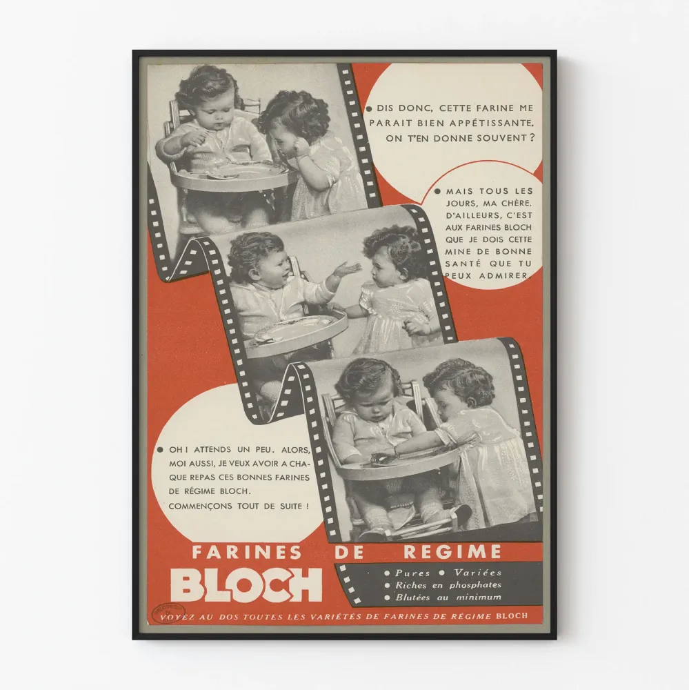 Vintage plakat z mąkami dietetycznymi Bloch do dekoracji ścian kuchni