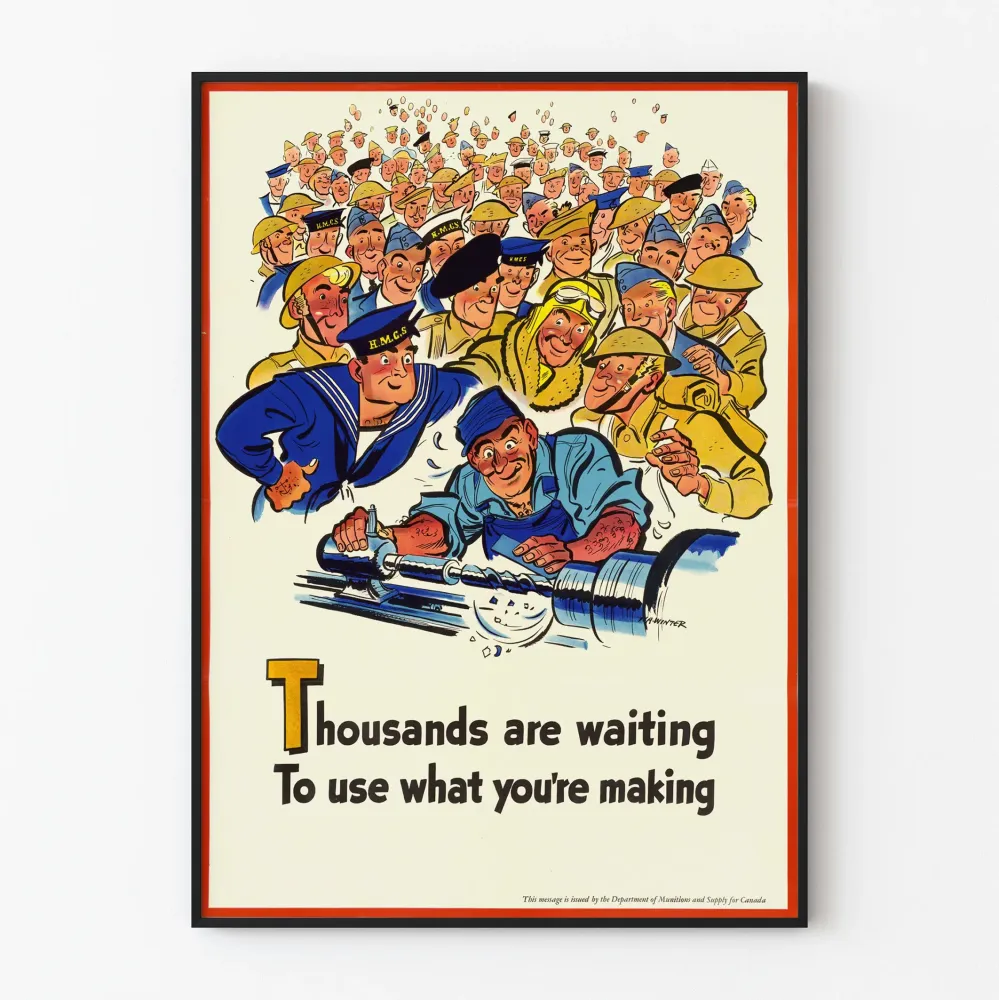 Vintage plakat motywacyjny o tematyce przemysłowej i wojskowej