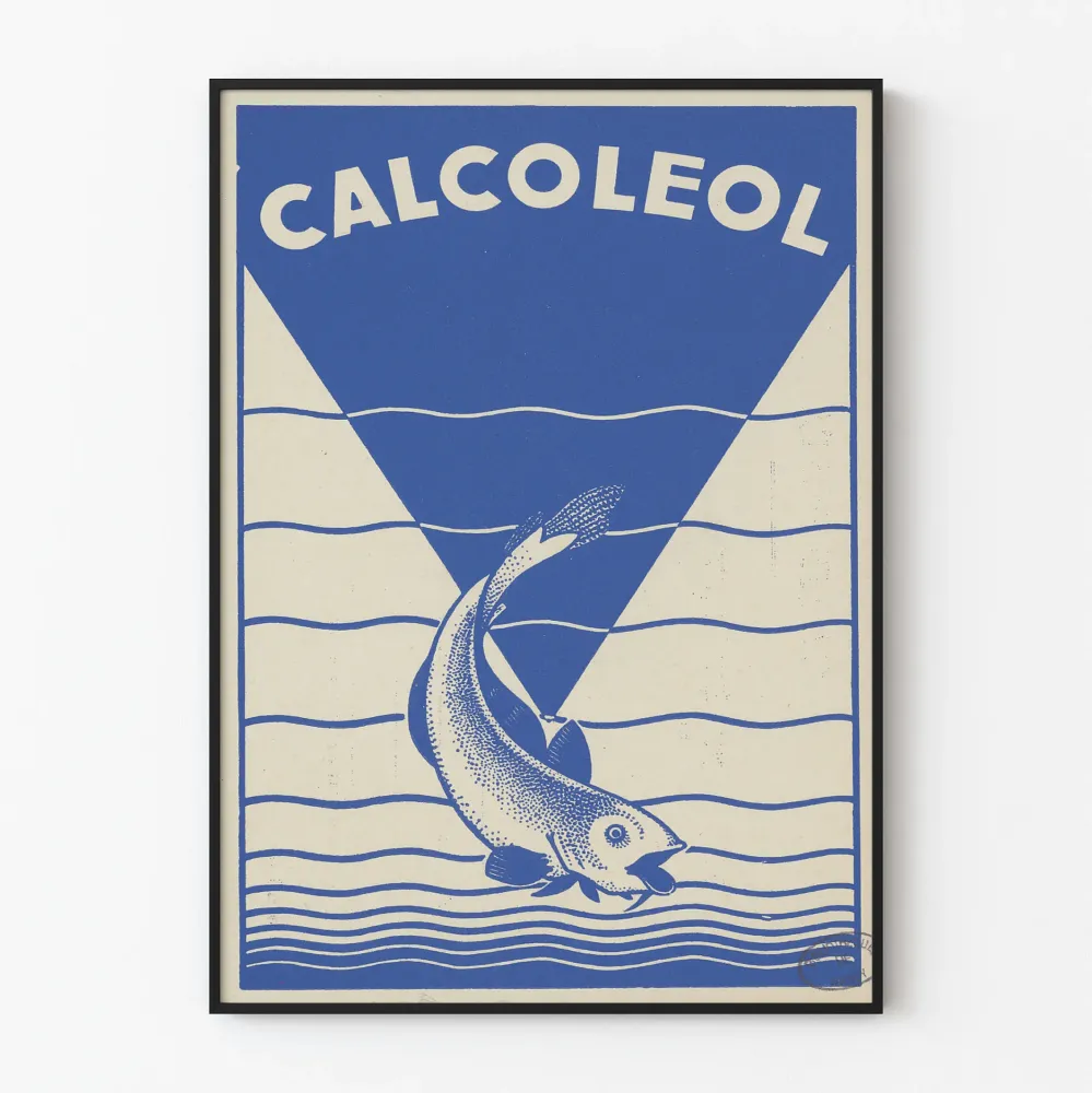 Vintage plakat niebieski Calcoleol z stylizowaną rybą