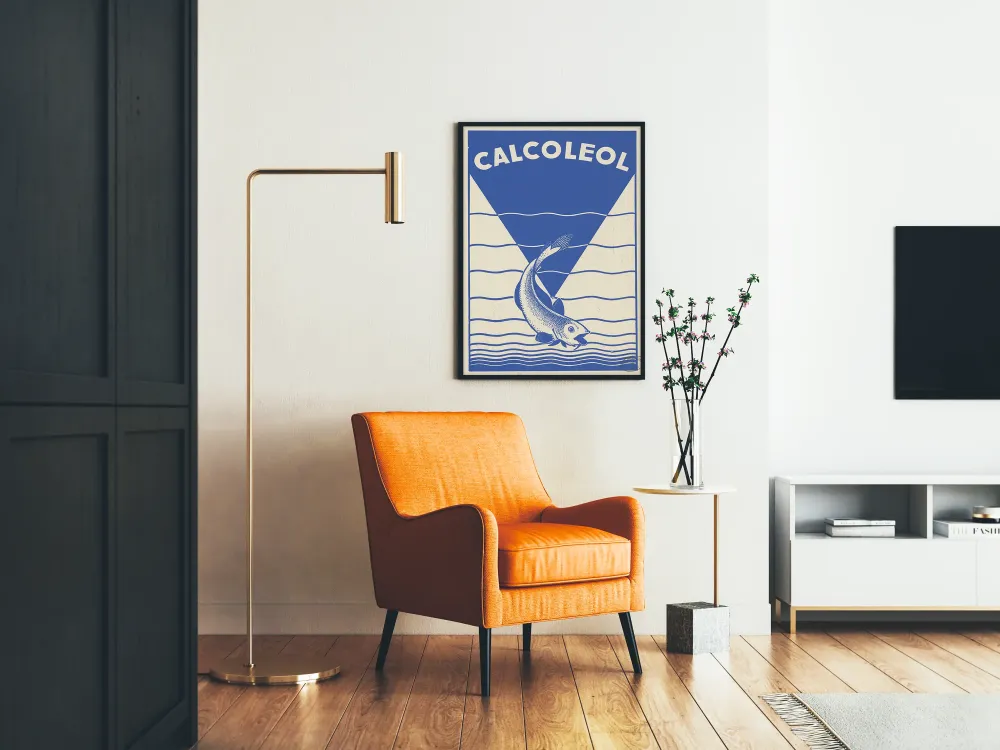 Vintage plakat niebieski Calcoleol z stylizowaną rybą