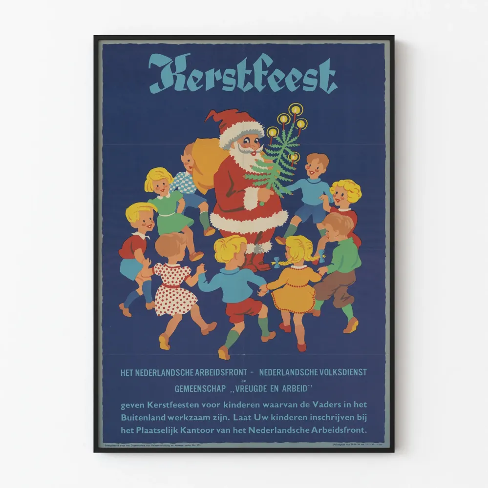 Vintage plakat z okazji świąt Kerstfeest z Mikołajem i tańczącymi dziećmi