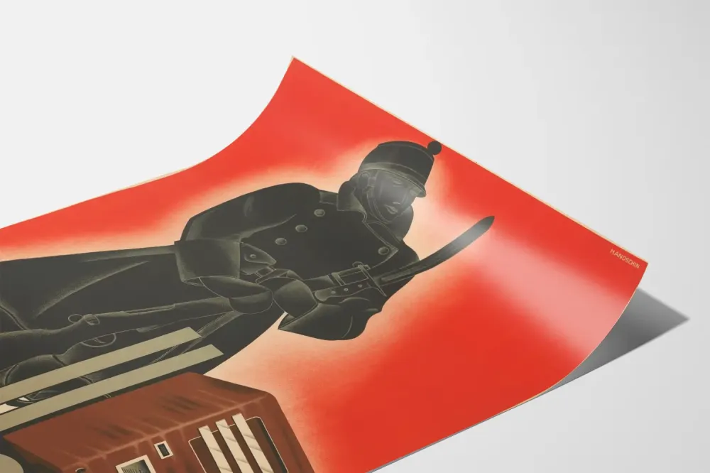 Vintage plakat Paillard z żołnierzem i starą radiem
