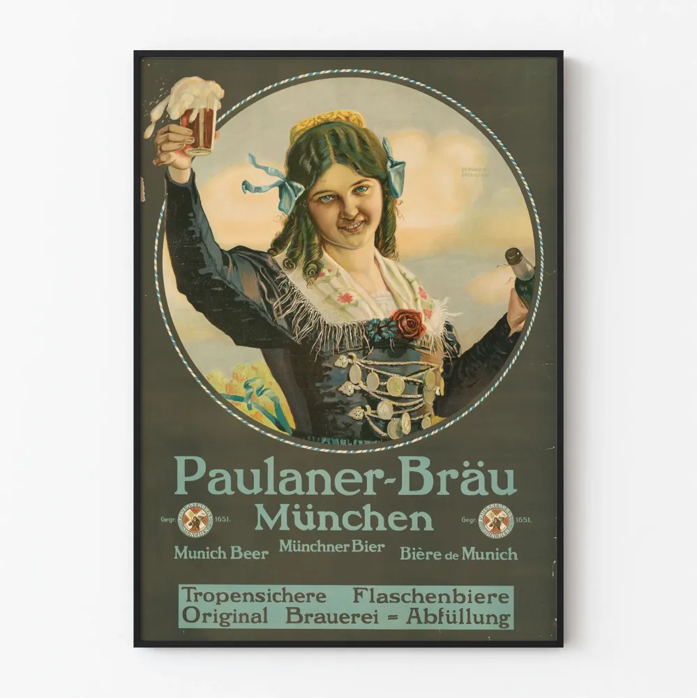 Vintage plakat piwa Paulaner-Bräu München - Retro dekoracja ścienna