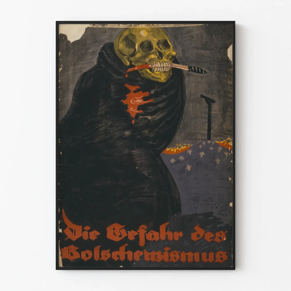 Vintage plakat propagandowy z mrocznym czaszkowym motywem i krwawą sierpem