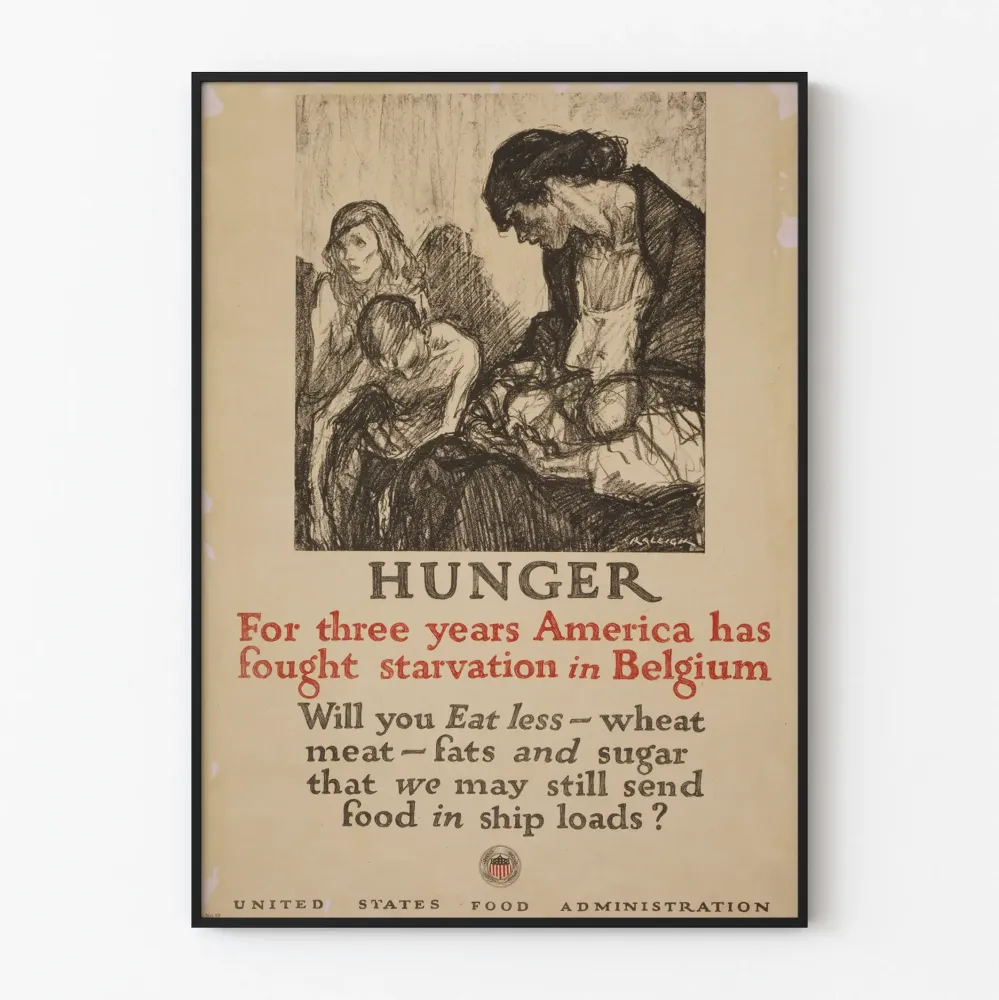 Vintage plakat przeciw głodowi w Belgii autorstwa amerykańskiej administracji żywnościowej