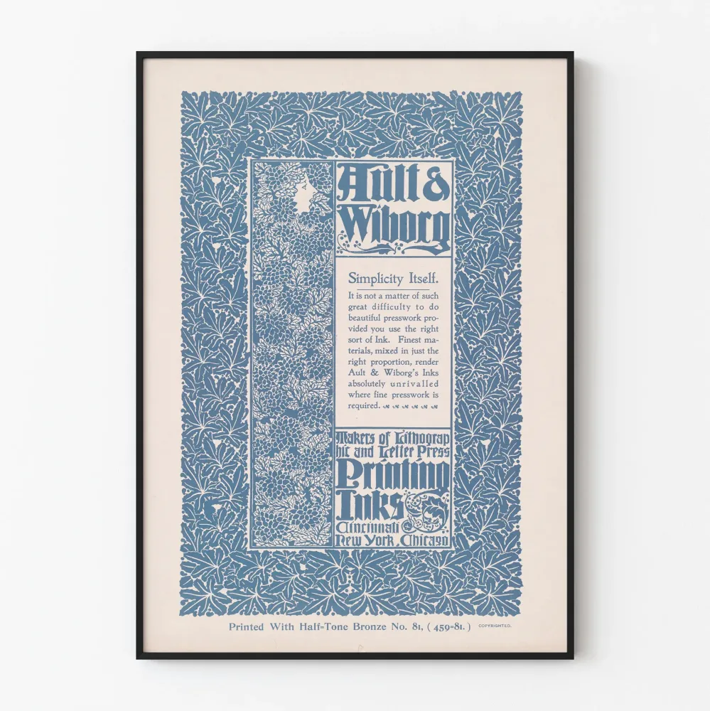 Vintage plakat reklamowy Ault & Wiborg w ramie dekoracyjnej z niebieskim liściem