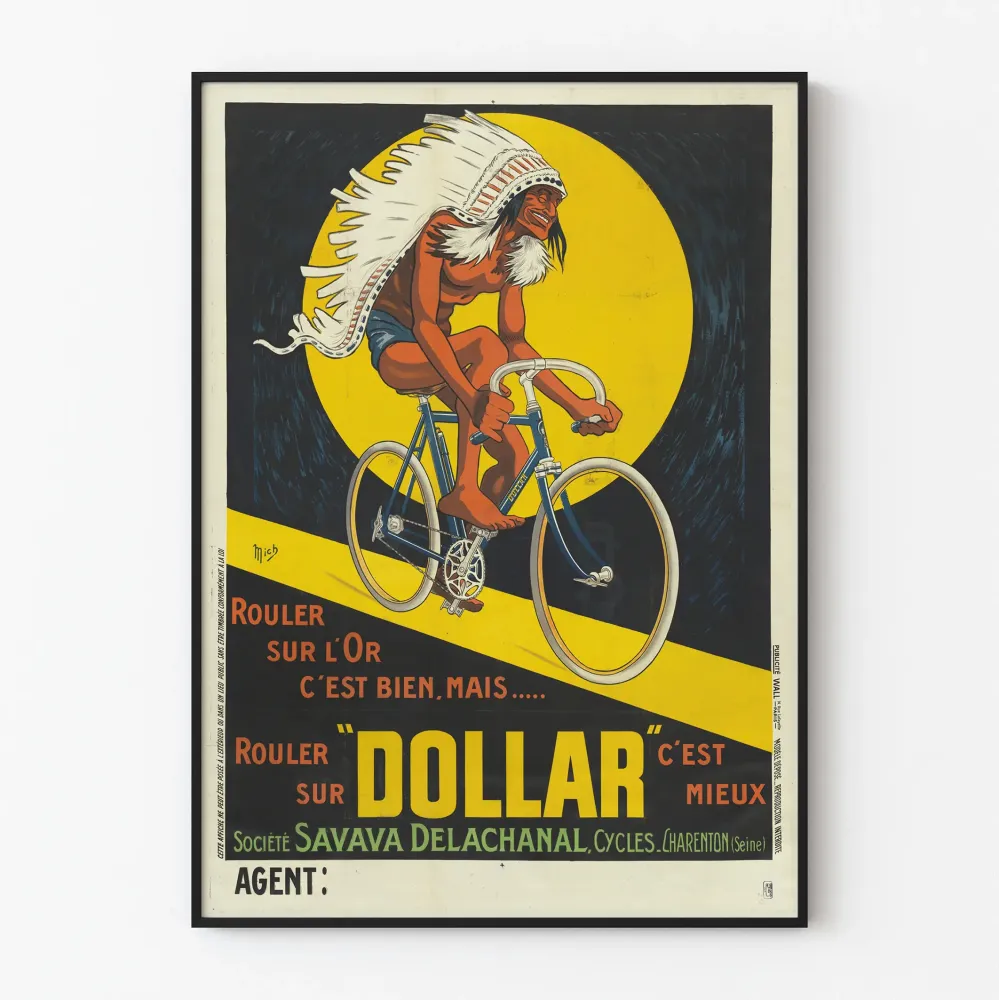 Vintage plakat reklamowy dla roweru Dollar z rodzimym rowerzystą