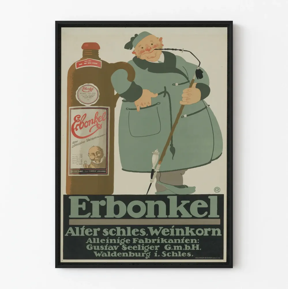 Vintage plakat reklamowy Erbonkel butelka i mężczyzna palący fajkę