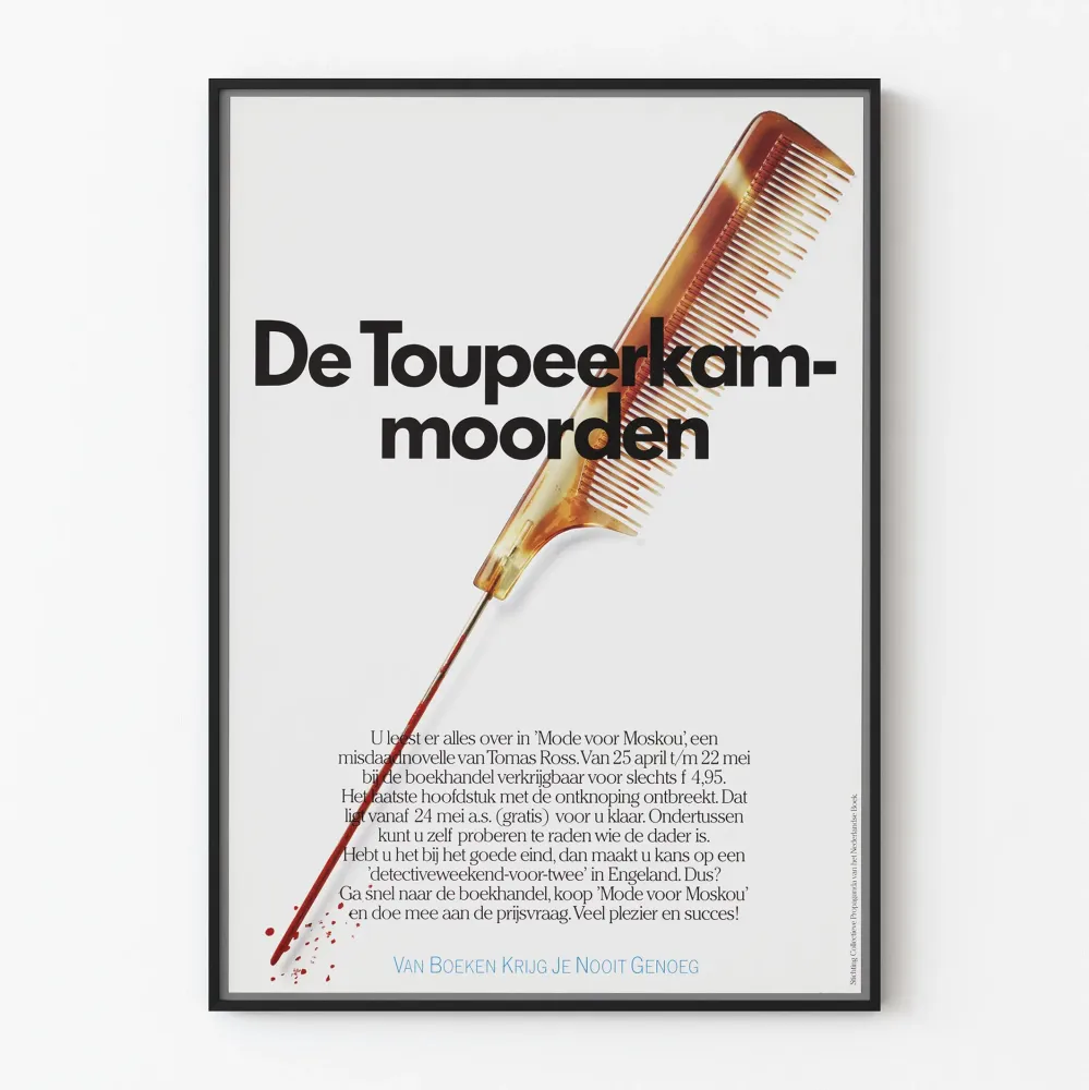 Vintage plakat reklamowy De Toupeerkammoorden z krwawiącym grzebieniem
