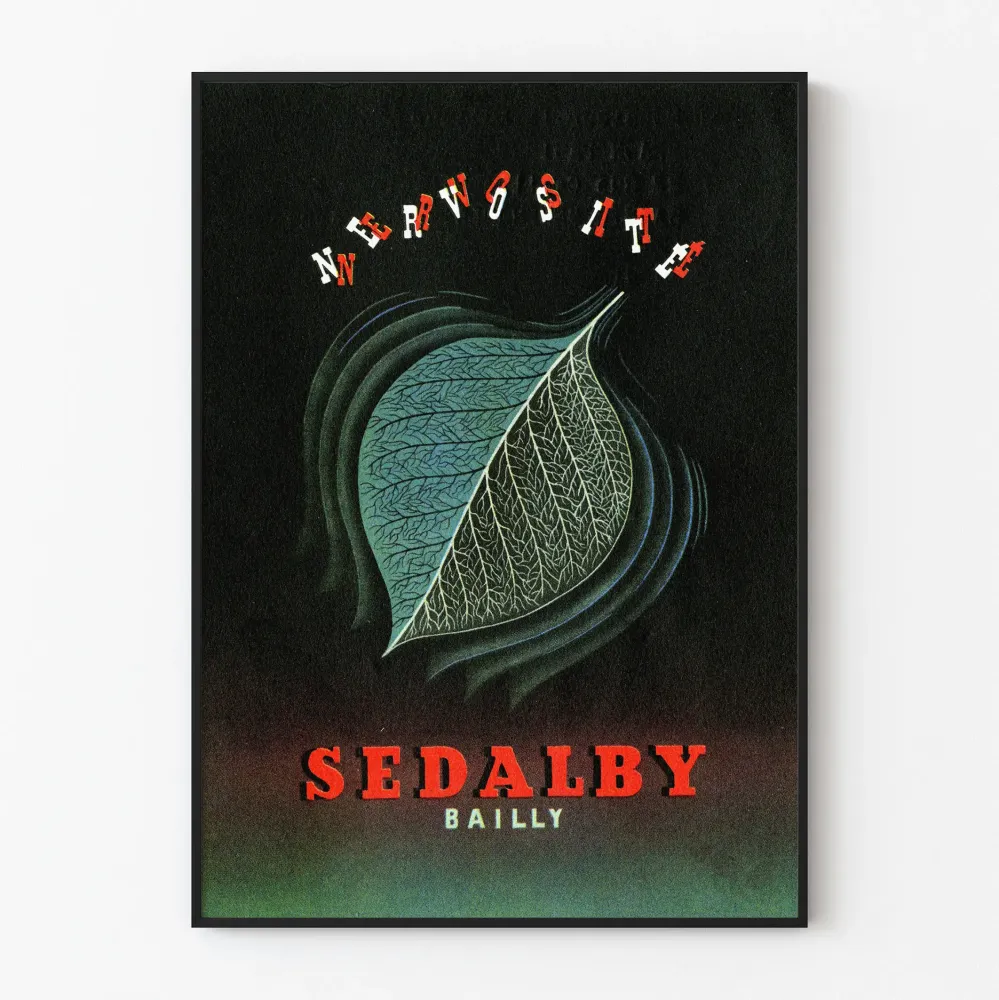 Vintage plakat Sedalby Baillly z stylizowanym liściem jako dekoracja ścienna