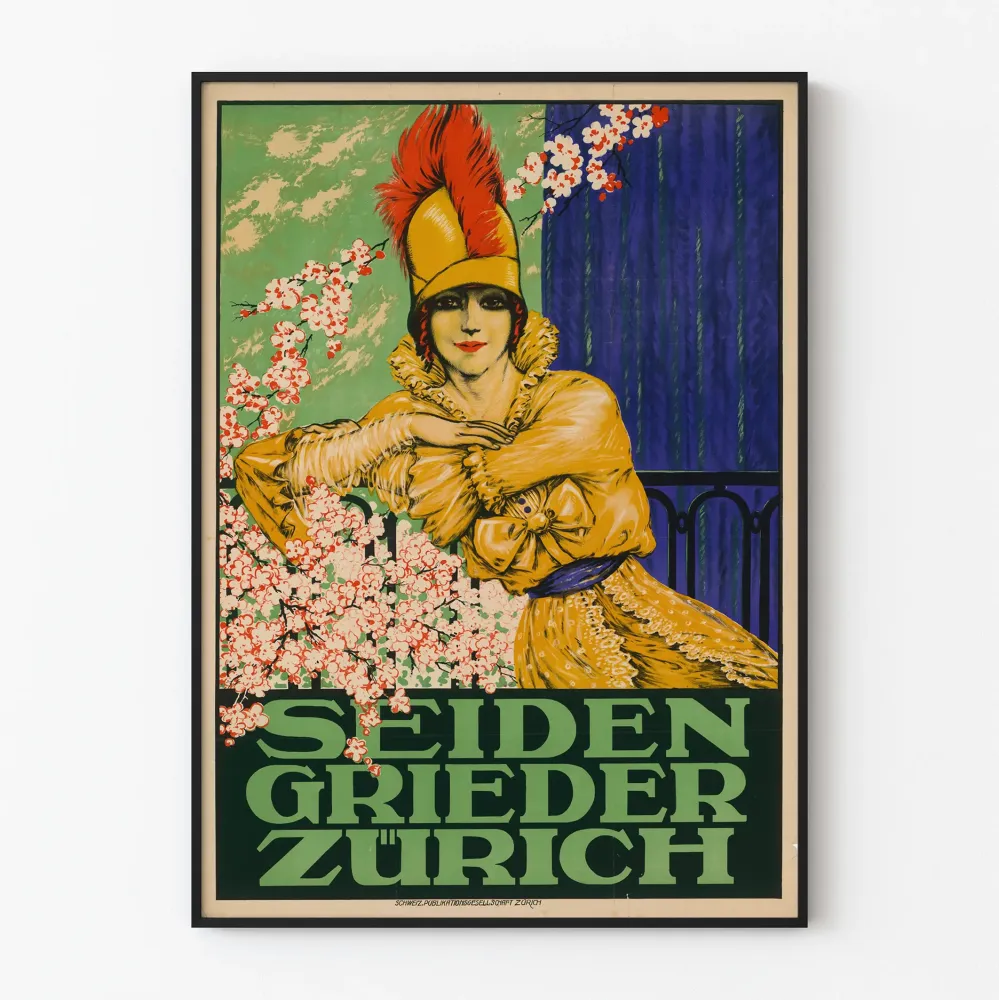 Vintage plakat Seiden Grieder Zurich do eleganckiej dekoracji ściennej