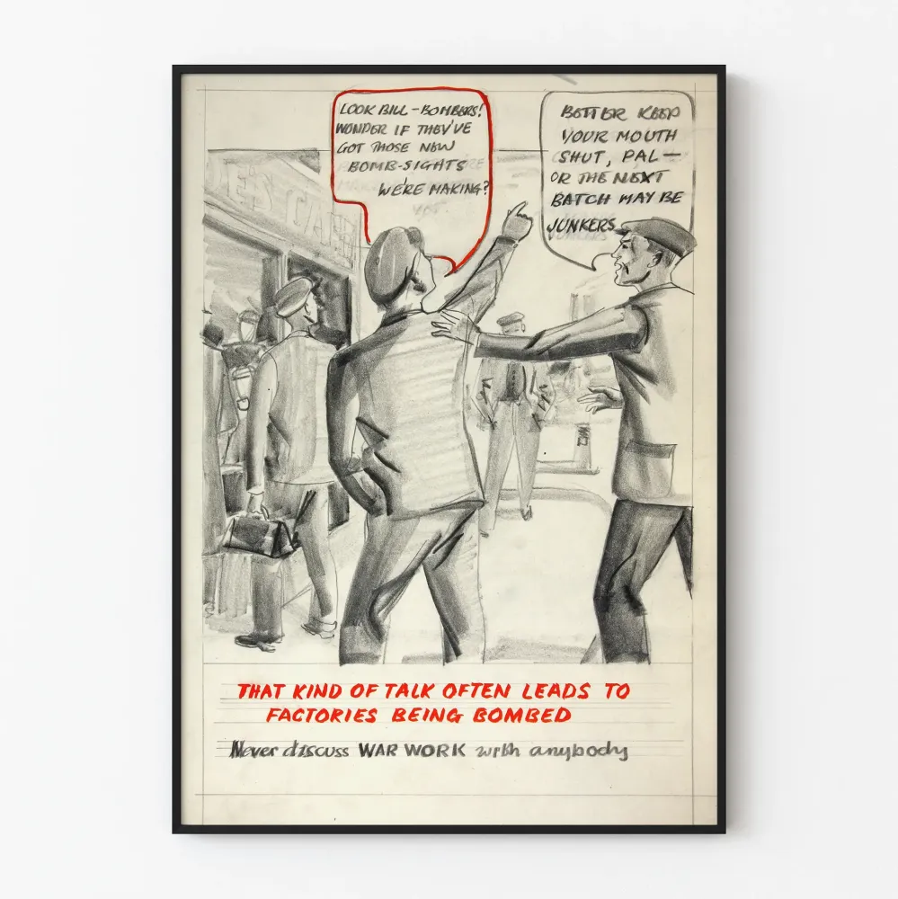 Vintage plakat uświadamiający o poufności w środowisku przemysłowym