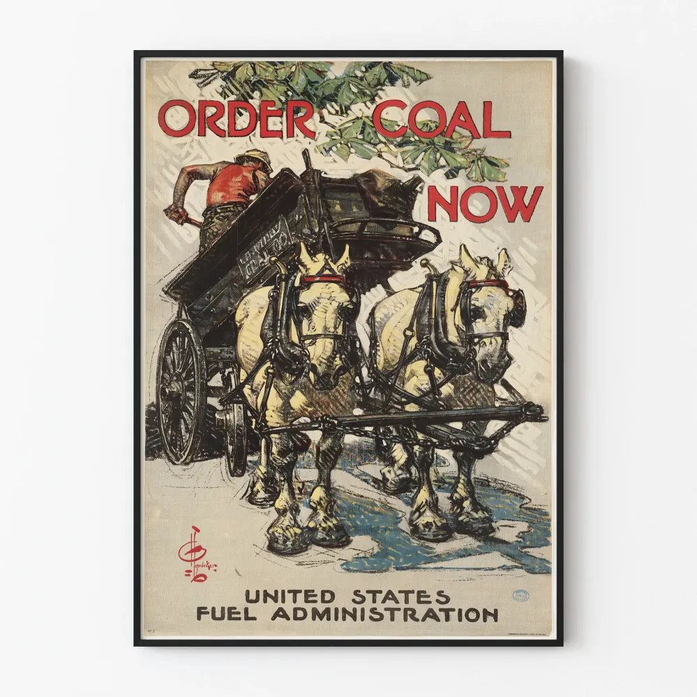 Vintage plakat „Zamów węgiel teraz” do dekoracji ścian w stylu industrialnym