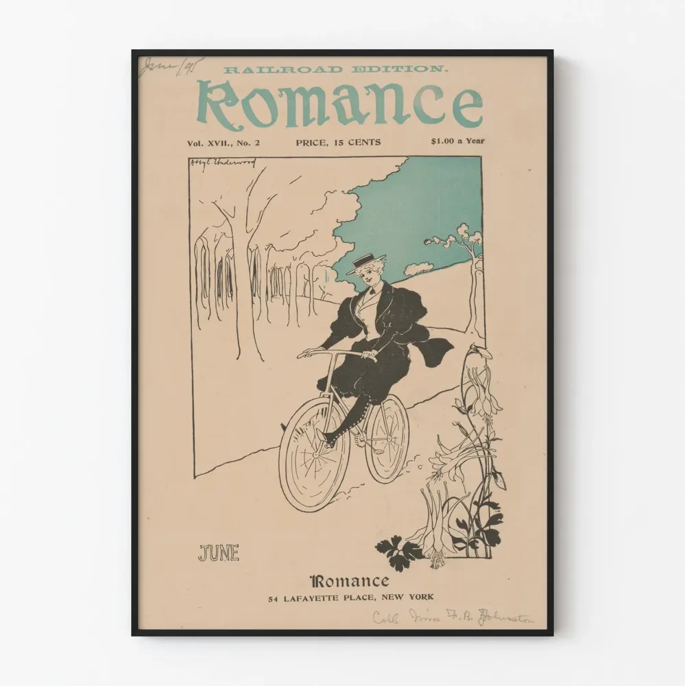 Vintage romantyczny plakat z elegancką rowerzystką