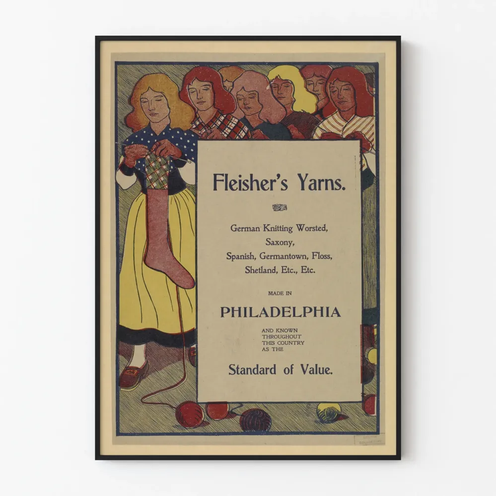 Vintageowy plakat Fleisher's Yarns, dekoracja ścienna z dzianiny