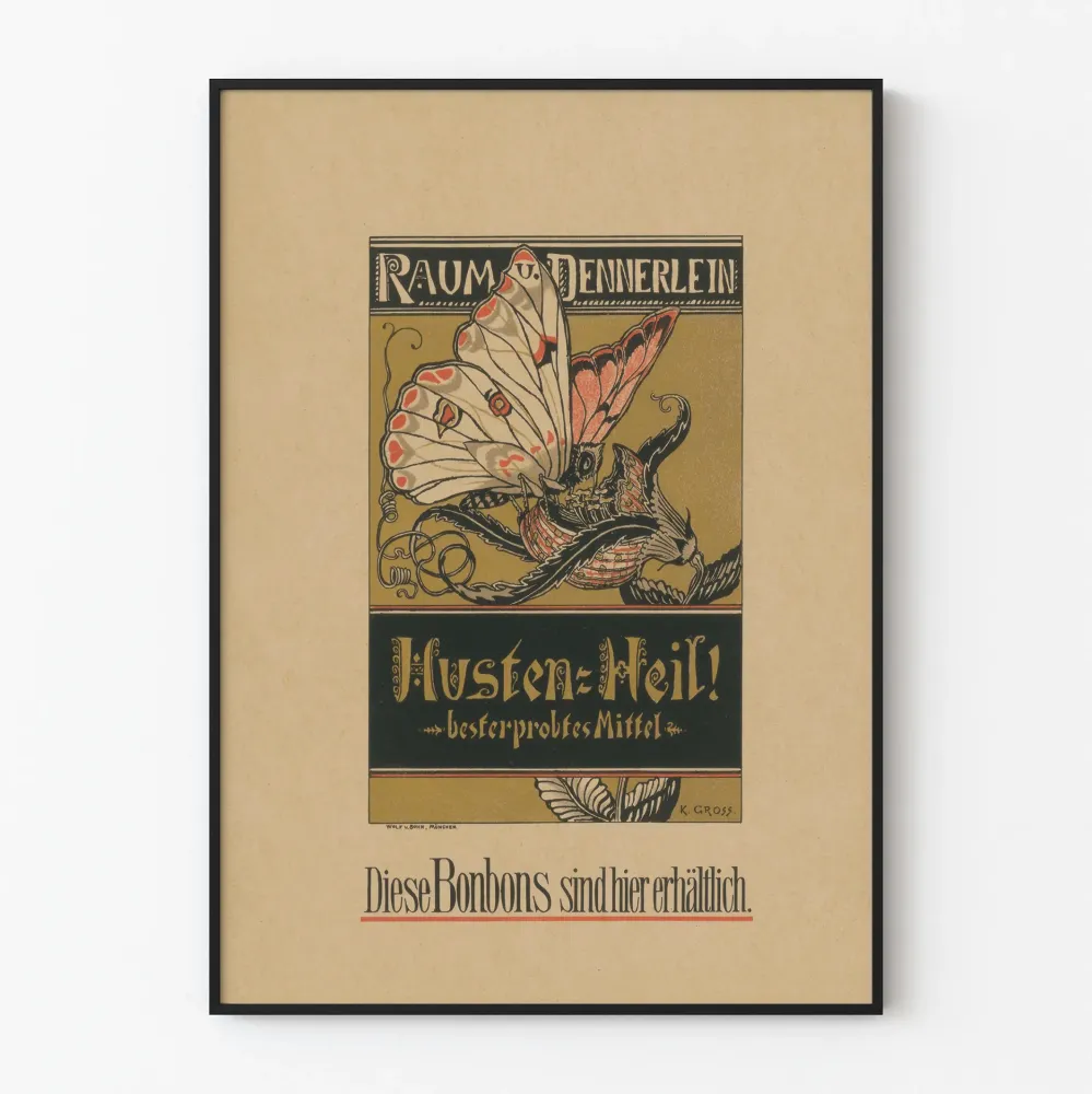 Vintage'owy plakat Raume und Dennerlein – Plakat reklamowy cukierków przeciwkaszlowych